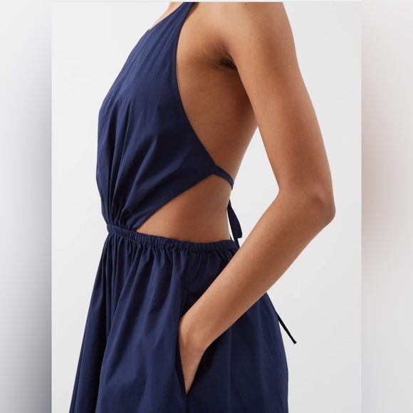 STAUD Vanessa halterneck cotton blend poplin dress pocket tie back midi navy xl - Picture 2 of 14